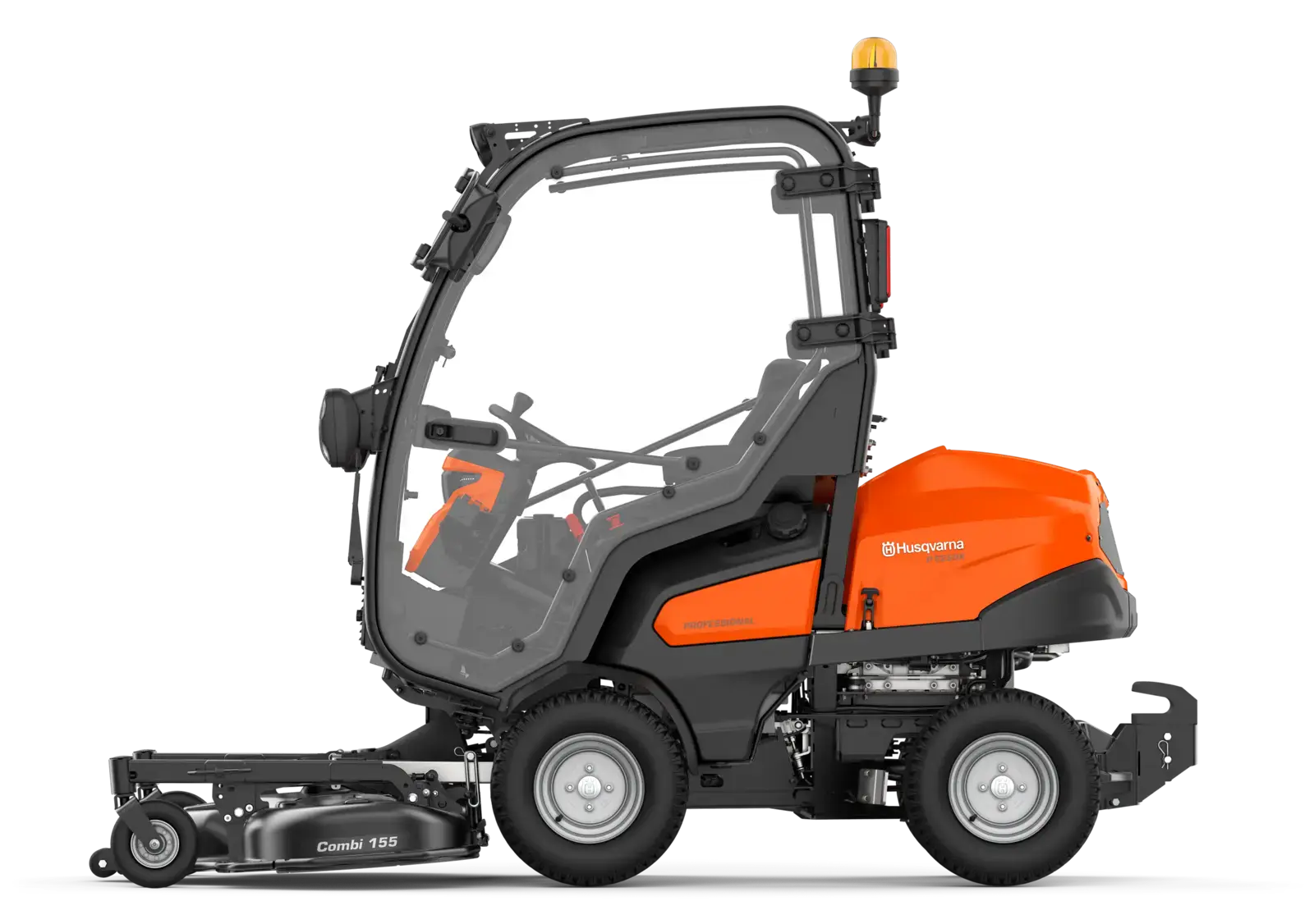 Husqvarna P 525DX Kabine Aufsitzmäher, Seitenansicht. Professionelle Maschine für Rasenpflege mit Kabine für Komfort.