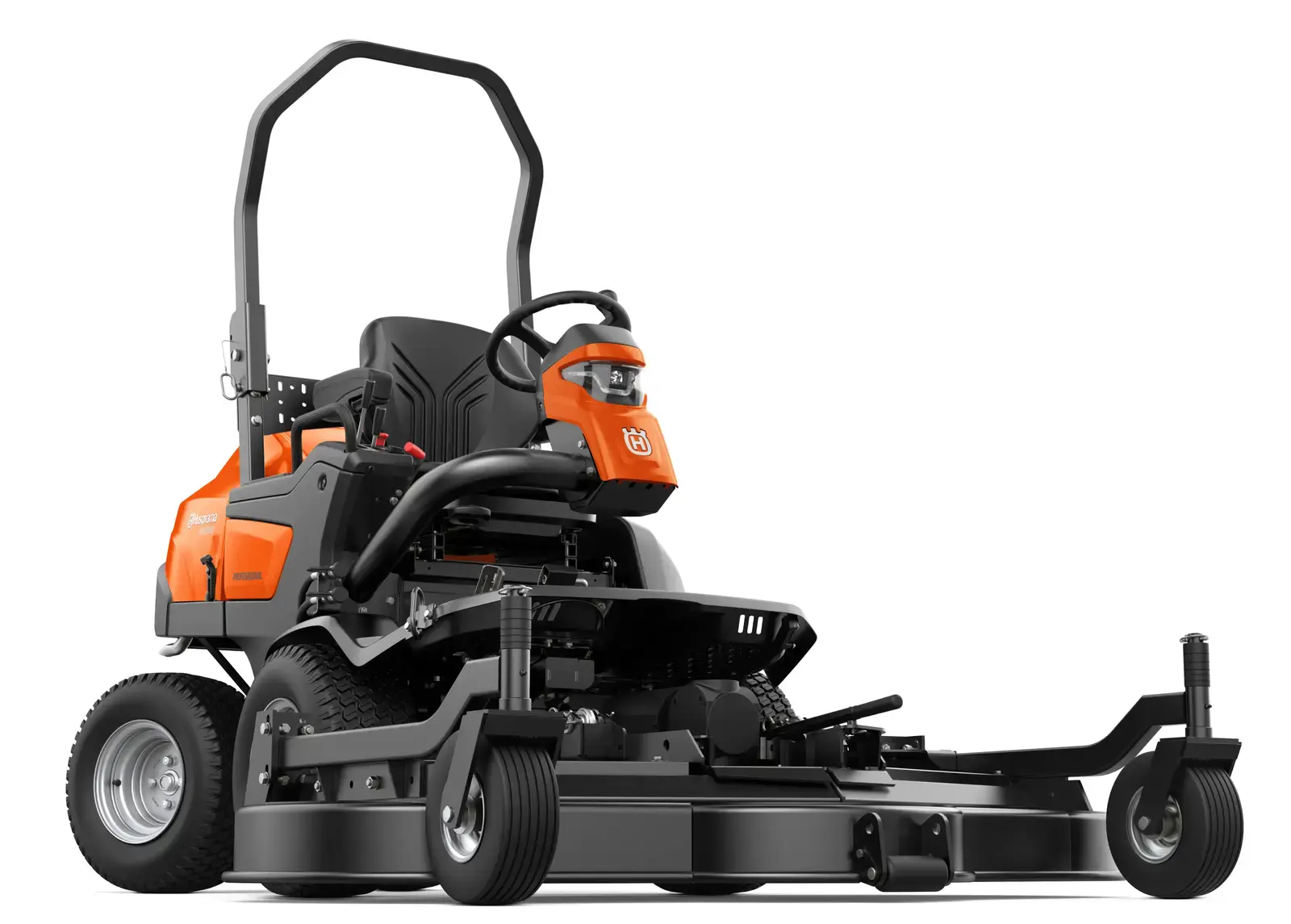 Husqvarna P535HX Aufsitzmäher in Orange und Schwarz, Frontansicht. Gartenpflegegerät für Profis mit robustem Design.