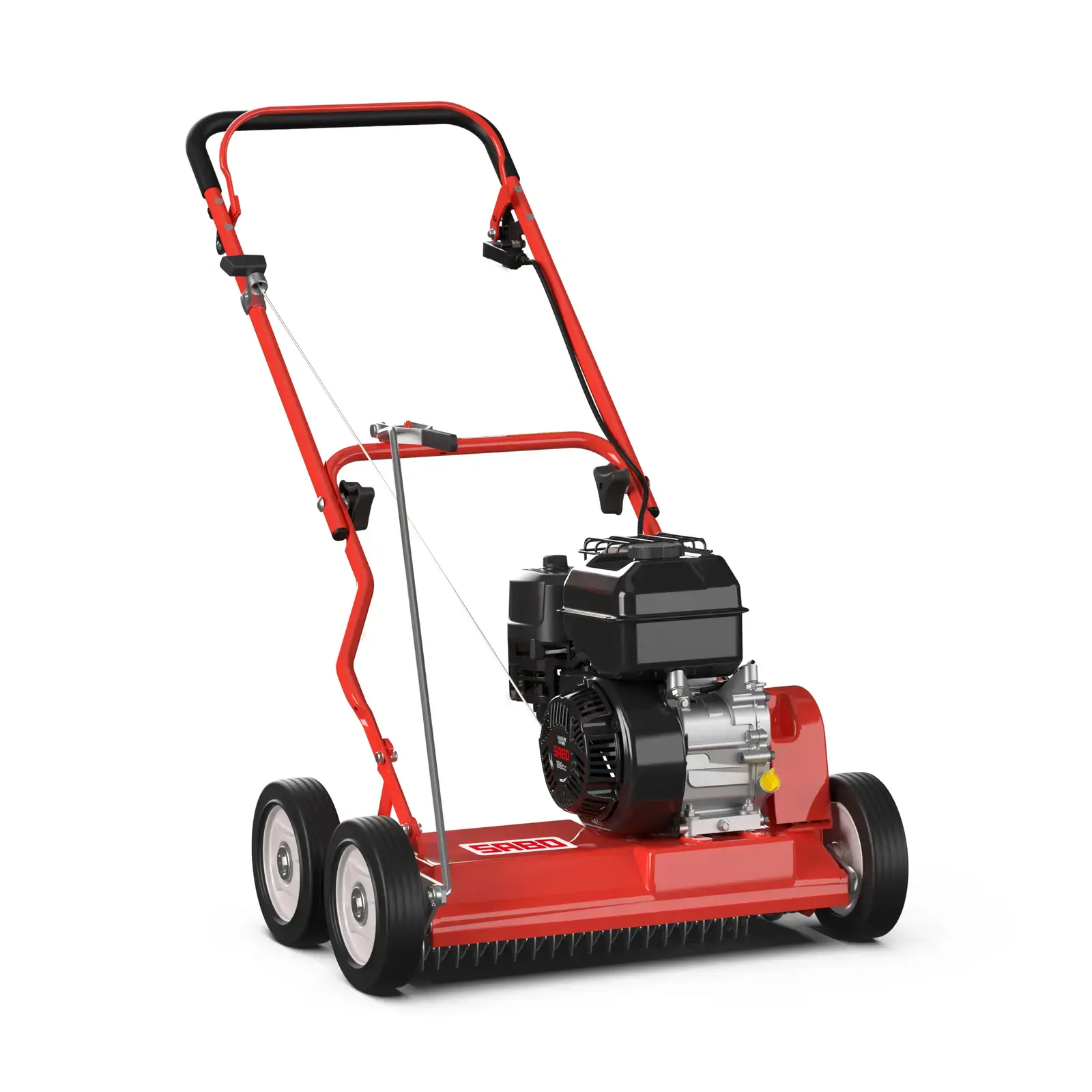 Roter SABO Vertikutierer 45-PRO V mit Motor, Detailaufnahme für Barrierefreiheit und Produktinformationen.
