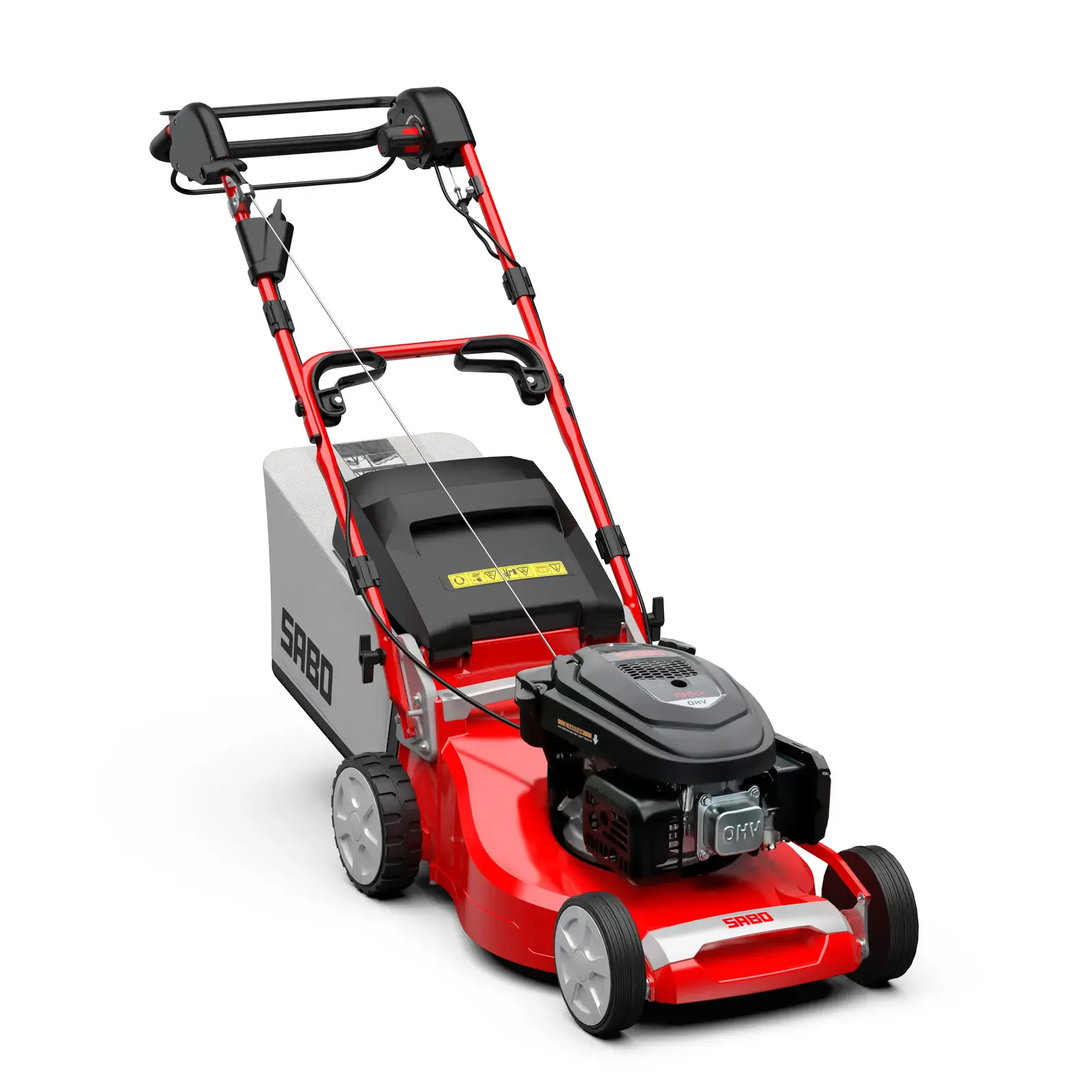 Roter SABO 47-VARIO E Rasenmäher mit Grasfangkorb, Frontansicht. Ideal für mittelgroße Gärten, hervorragende Schnittleistung.