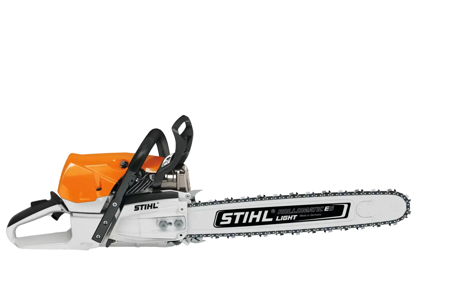 STIHL MS 462 C-MVW Motorsäge, seitliche Ansicht. Orange und weiße Farbakzente, professionelle Kettensäge für Forstarbeiten.