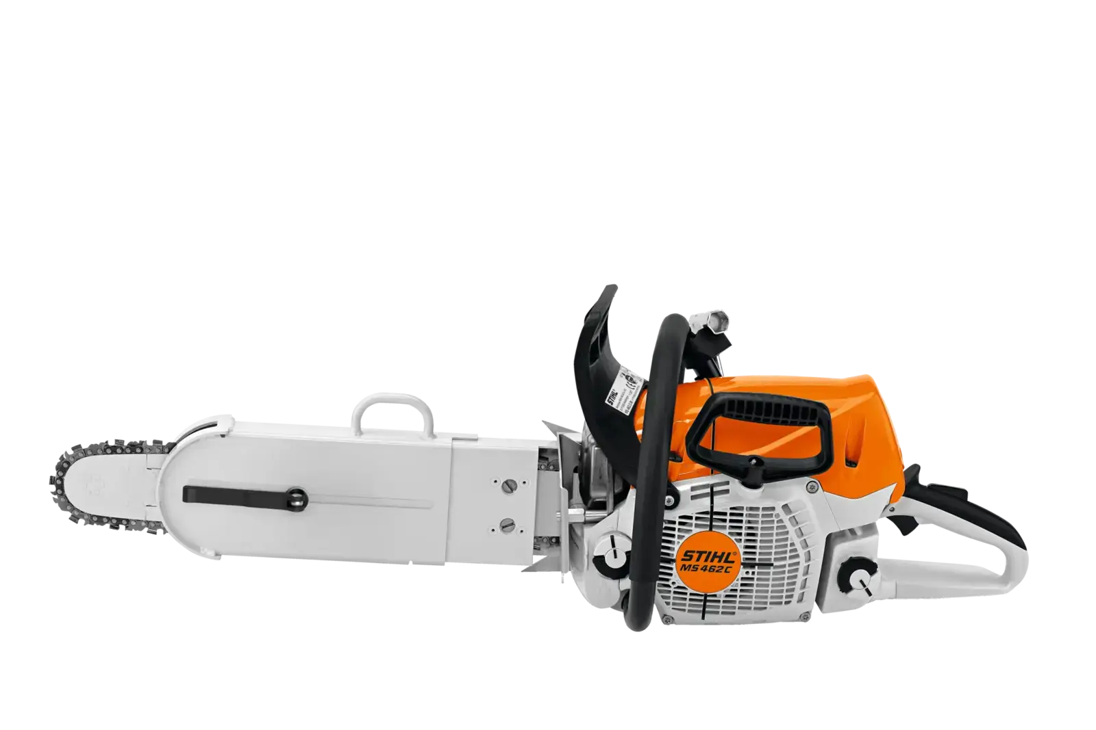 STIHL MS 462 C-M Motorsäge, seitliche Ansicht. Orange und weiße Farbakzente. Professionelles Gartengerät für anspruchsvolle Aufgaben.
