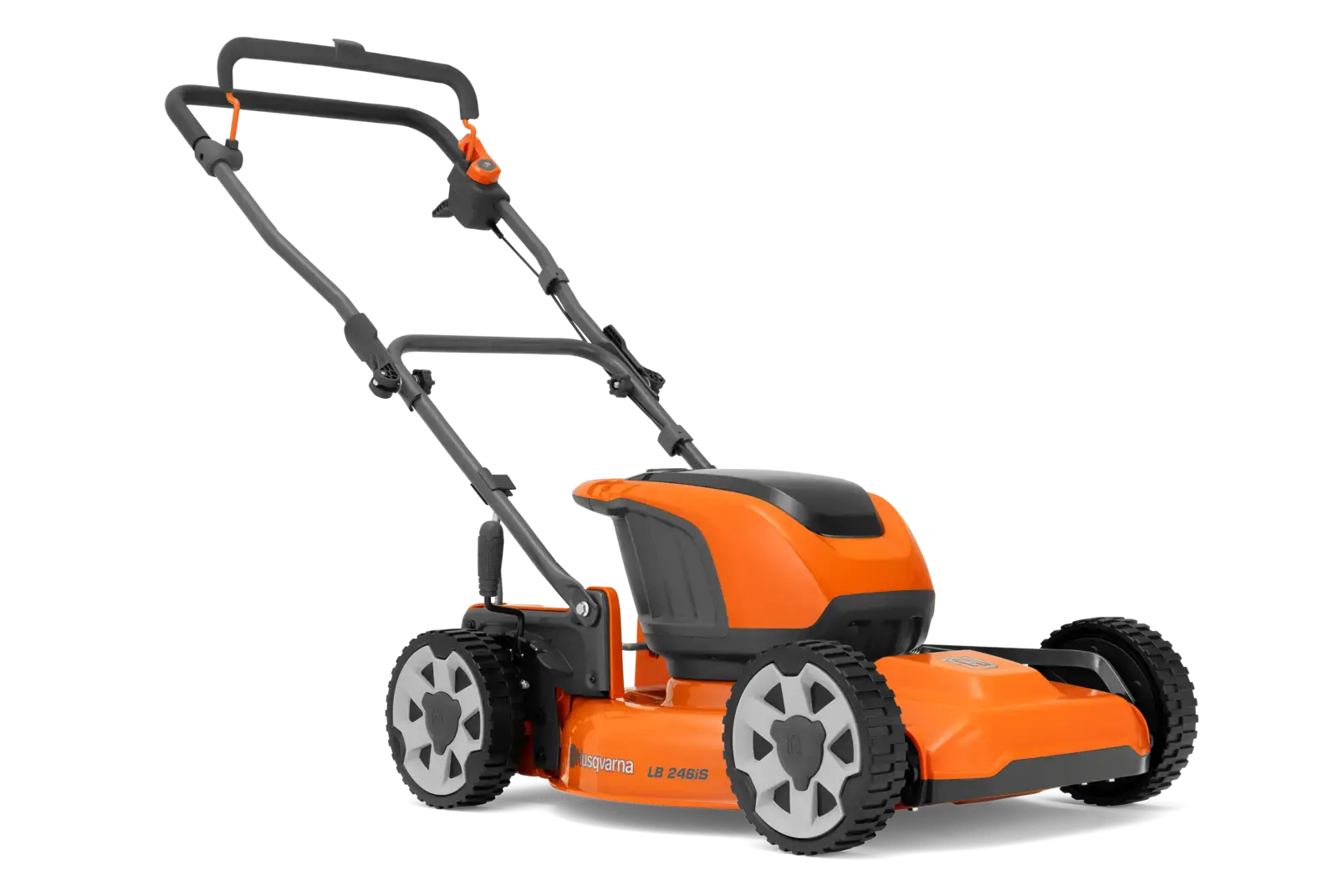 Husqvarna LB 246IS Rasenmäher, orange und schwarz, mit Griff und Rädern, auf schwarzem Hintergrund. Gartenarbeit leicht gemacht.