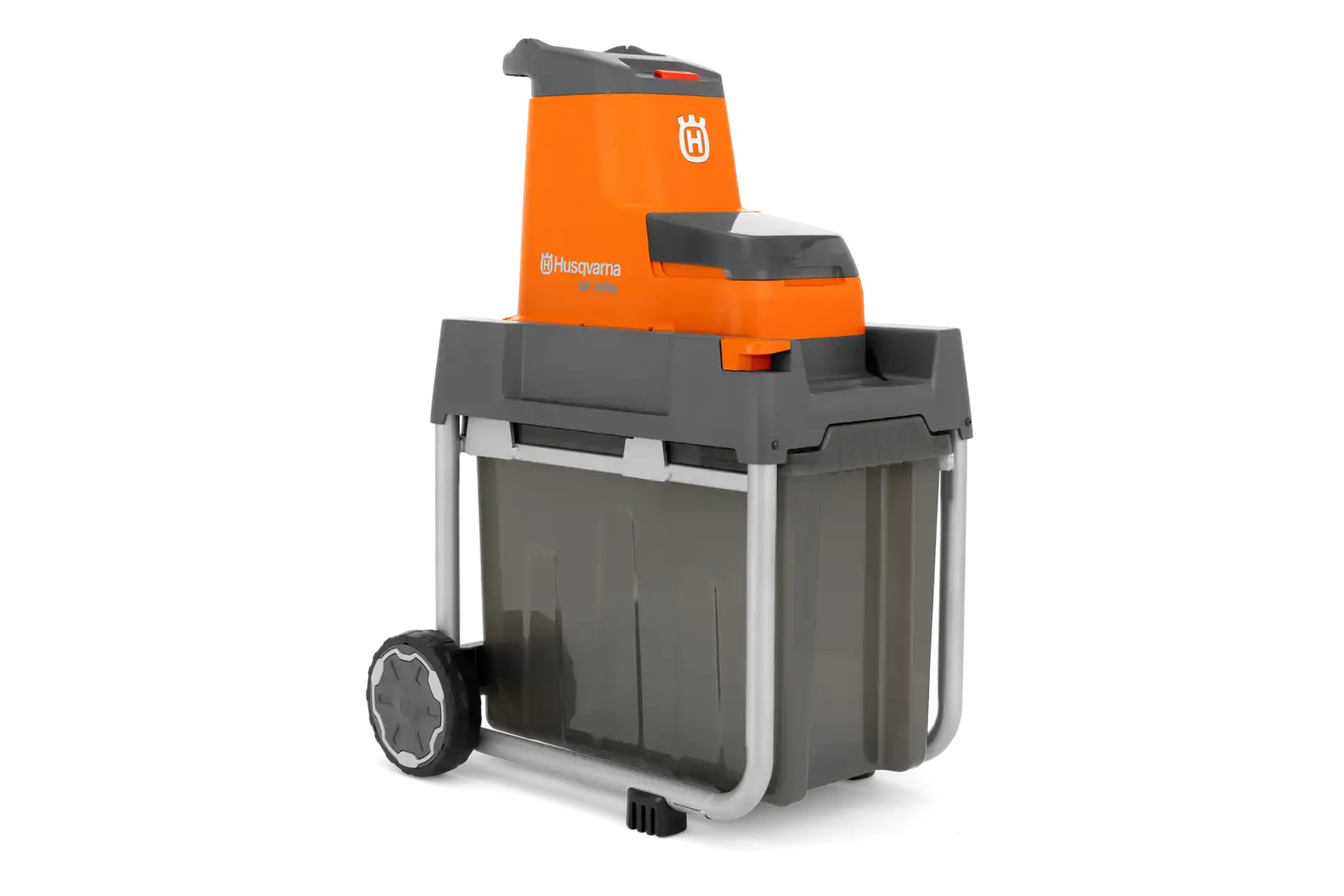 Husqvarna GS340IS Gartenhäcksler mit Rädern und Auffangbehälter, orange-graues Design für einfache Gartenabfallverarbeitung.
