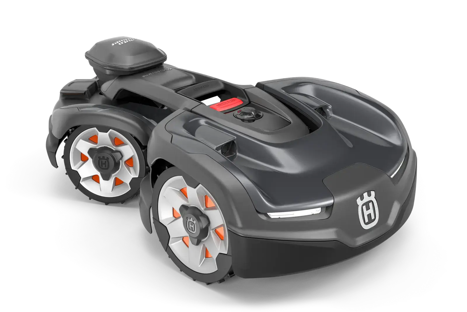 Husqvarna Automower 435X AWD NERA Rasenmähroboter, graues Gehäuse mit orangefarbenen Akzenten, Nahaufnahme, freigestellt auf Schwarz.
