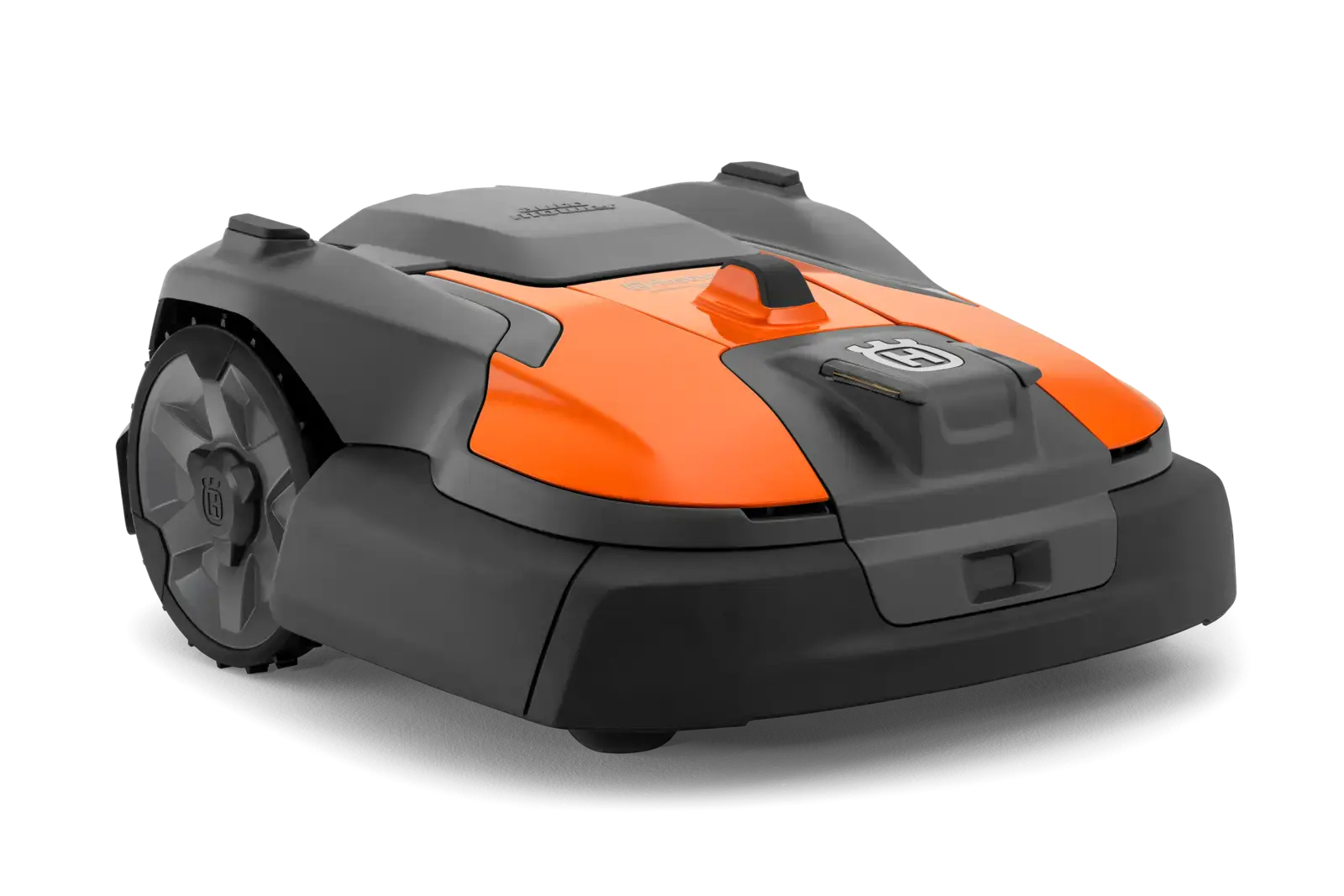Husqvarna Automower 580 EPOS Mähroboter, orange und grau, seitliche Ansicht, für die automatische Rasenpflege im Garten.