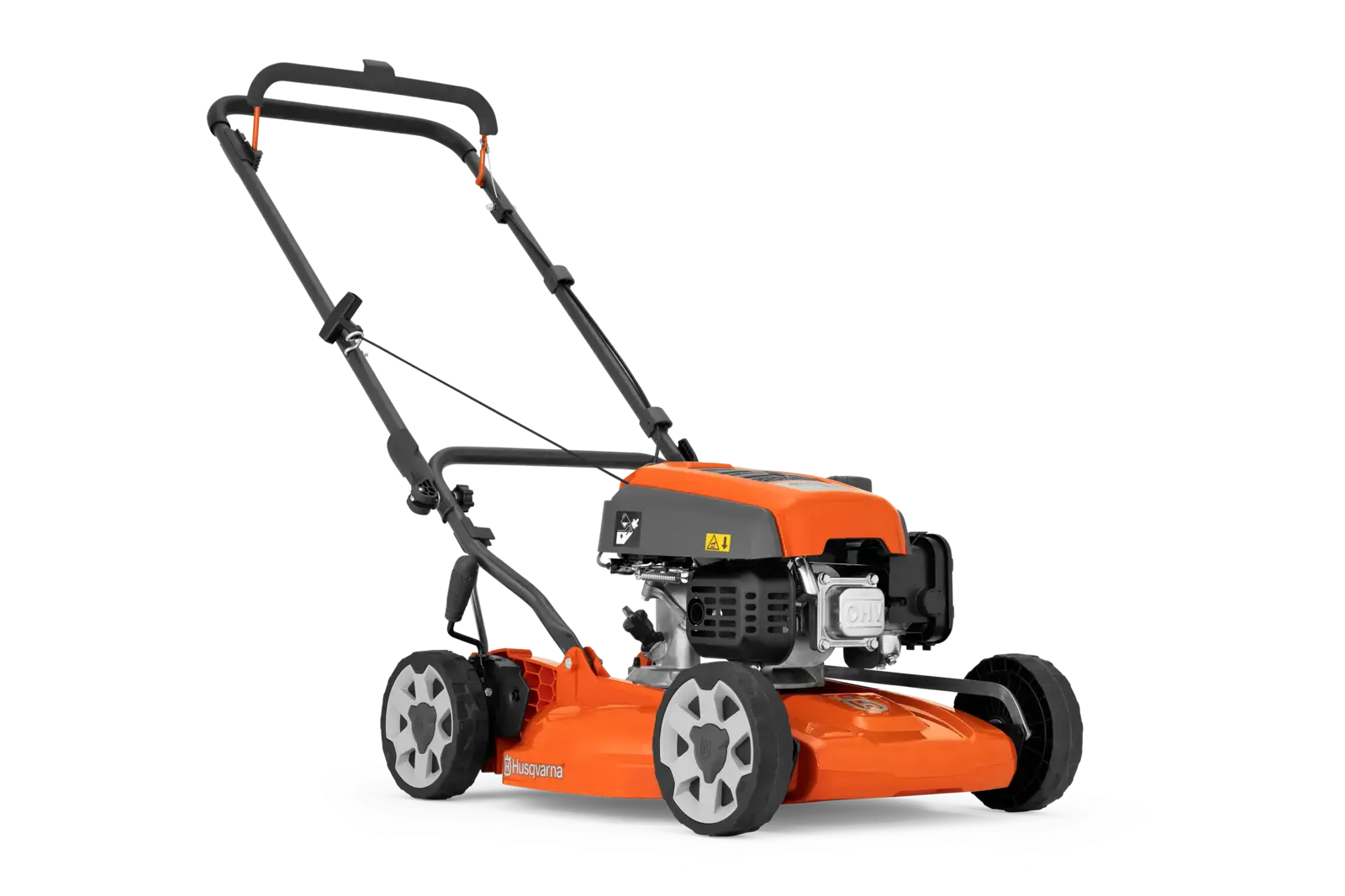 Oranger Husqvarna Rasenmäher mit schwarzem Griff, Seitenansicht auf schwarzem Hintergrund für einfache Gartenarbeit.