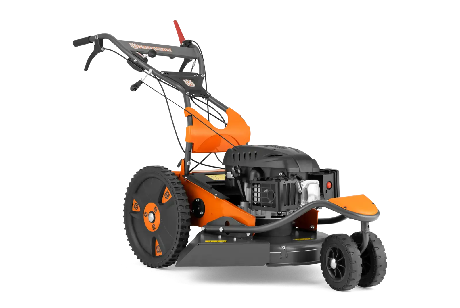 Husqvarna DB551 Flächenmäher in Orange und Schwarz auf schwarzem Hintergrund, zur Rasenpflege und zum Mähen von hohem Gras geeignet.