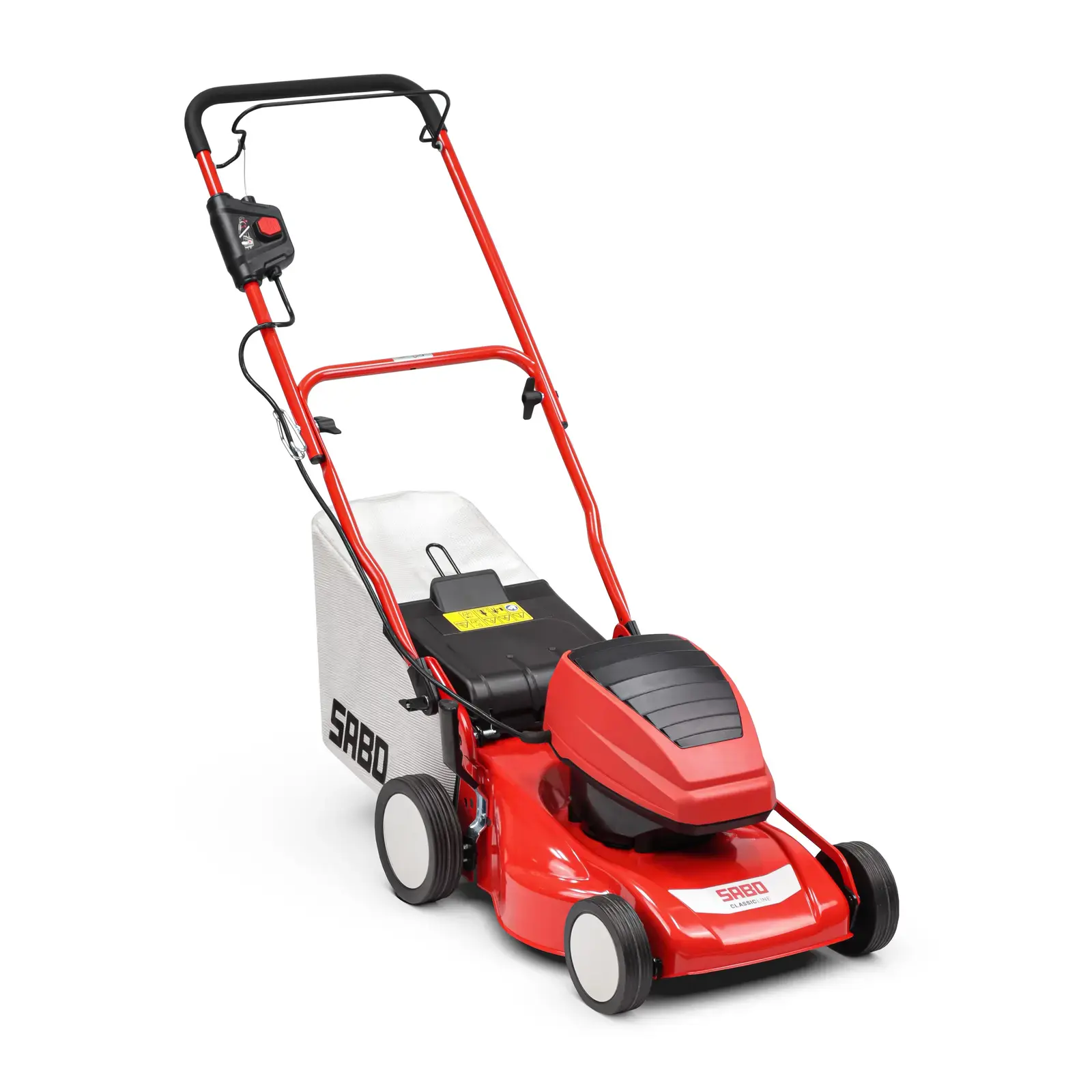 Roter SABO 40-ACCU Classic Akku Rasenmäher mit Fangkorb, freigestellt auf weißem Hintergrund. Gartenpflege leicht gemacht.