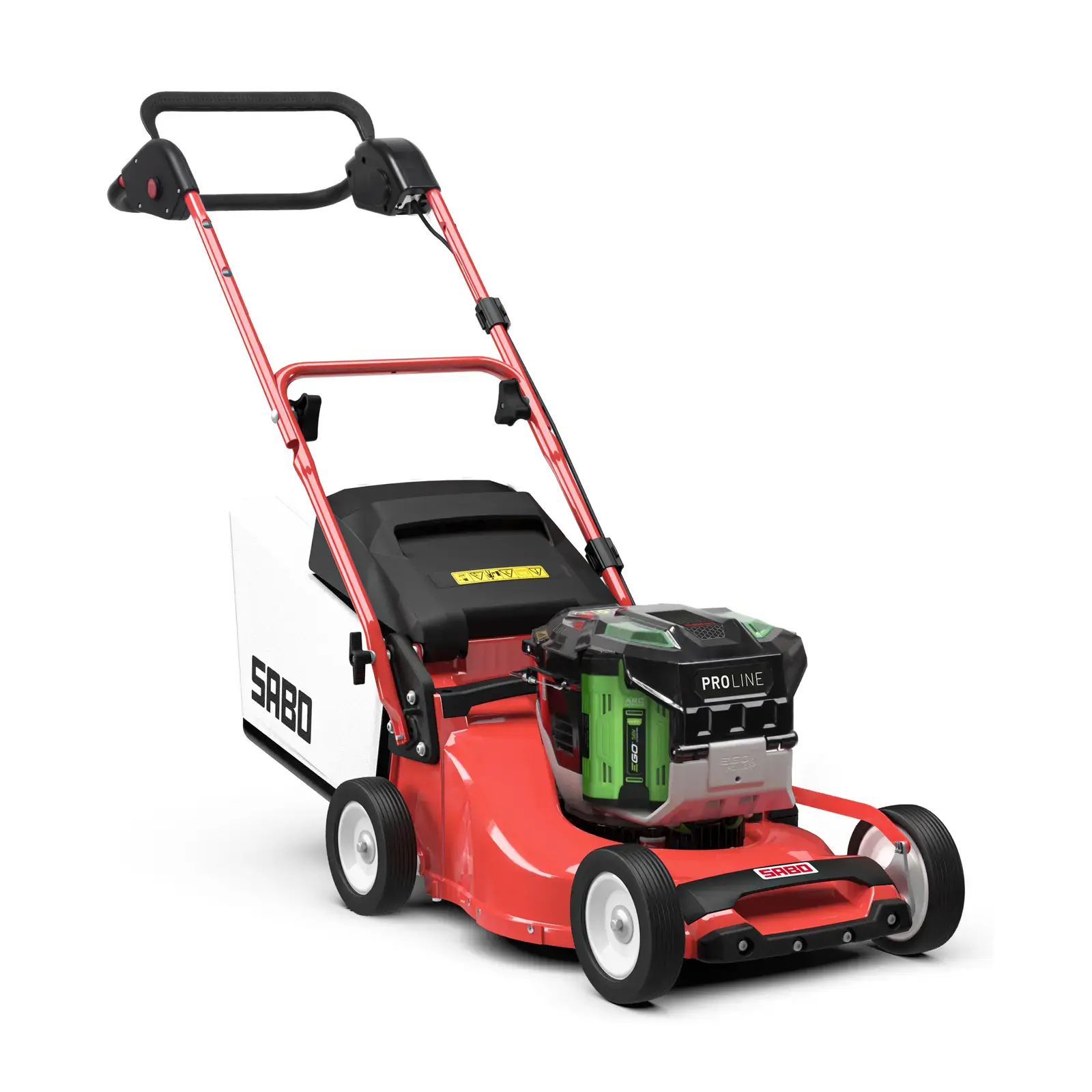 Roter Sabo Akku-Rasenmäher 43-PRO E PUSH mit Akku, Fangkorb und rotem Gehäuse auf weißem Hintergrund. Professionelle Gartentechnik.