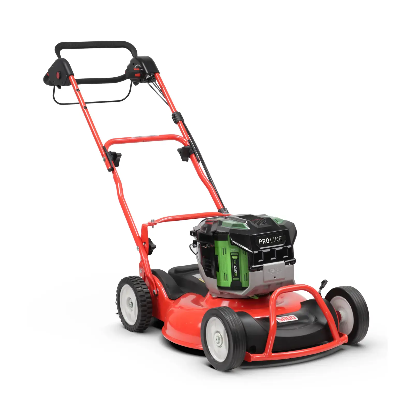 Roter Akku-Rasenmäher PROLINE 53-PRO E M VARIO mit Akku, seitliche Ansicht, freigestellt auf weißem Hintergrund.