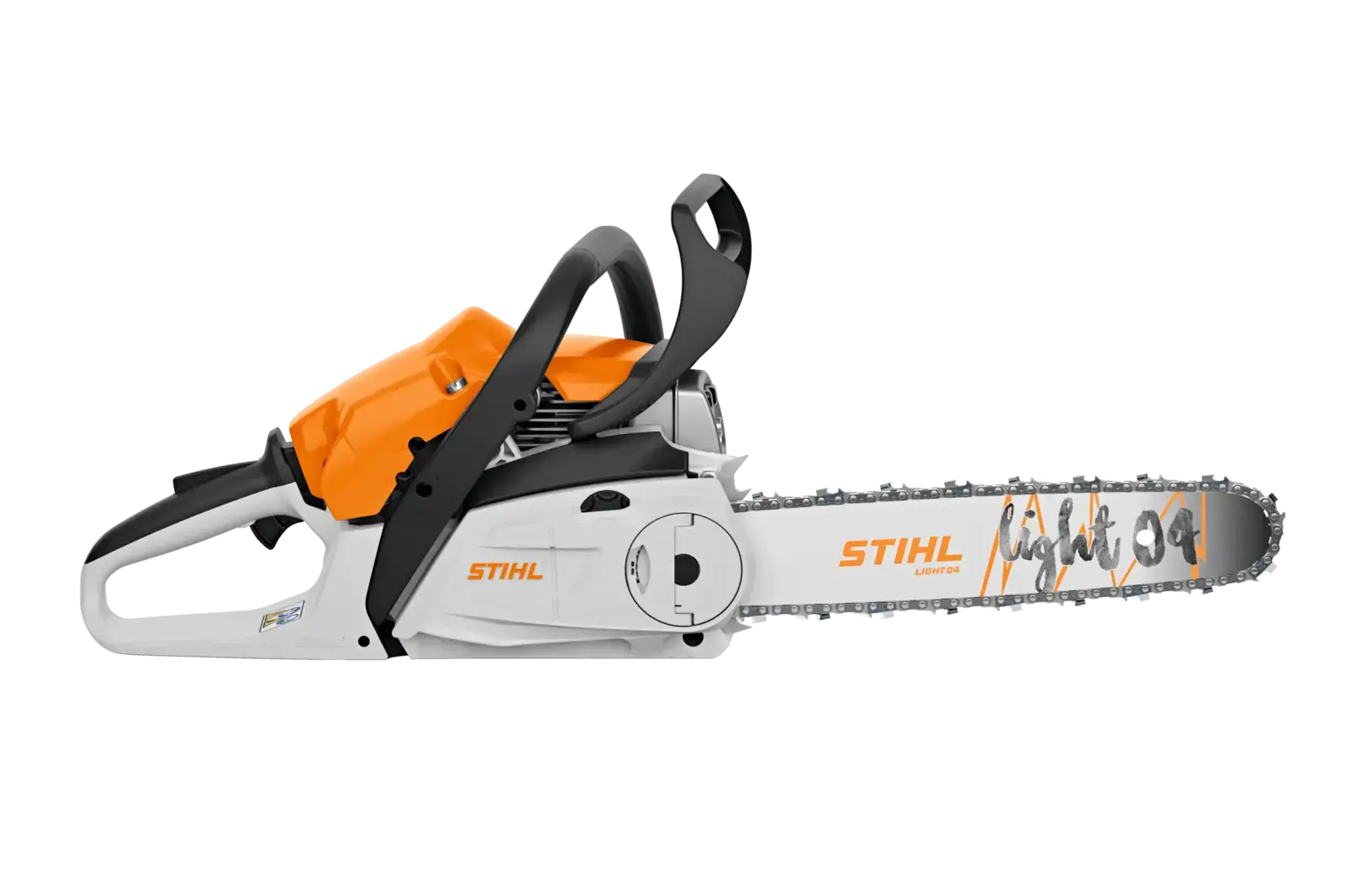 STIHL MS 182 Motorsäge, seitliche Ansicht auf schwarzem Hintergrund. Weiße, orange und schwarze Farbakzente. Das Sägeblatt ist beschriftet.