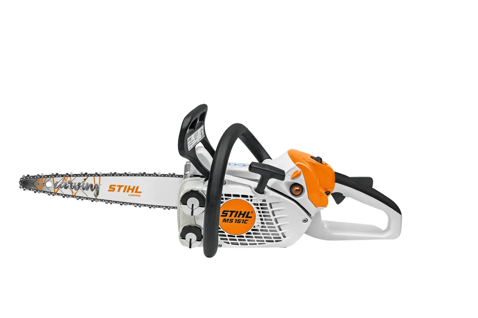 STIHL MS 151 C-E Kettensäge, weiße und orangefarbene Ausführung, seitliche Ansicht auf schwarzem Hintergrund.