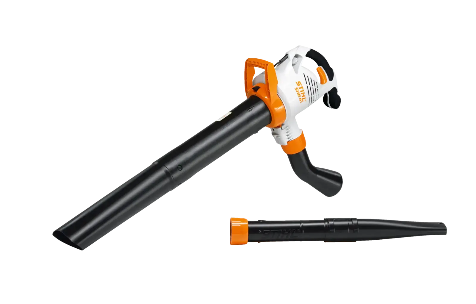 STIHL SHE 81 Elektro Laubsauger und Laubbläser mit Blasrohr und Saugrohr auf schwarzem Hintergrund.