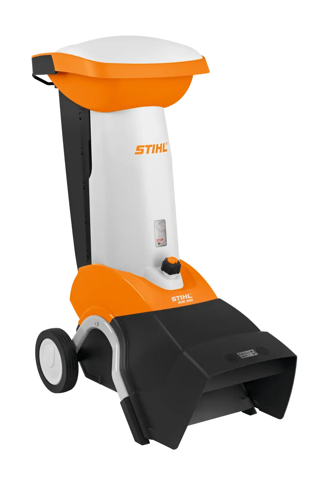 STIHL GHE 420 Elektro-Häcksler in Orange und Weiß, stehend mit Rädern, zur Zerkleinerung von Gartenabfällen und Ästen.