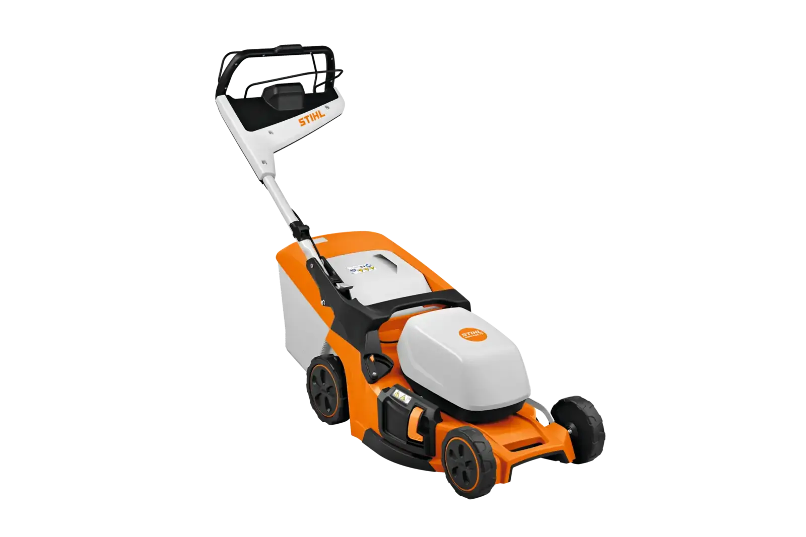 STIHL RMA 448 PV Akku-Rasenmäher in Orange und Weiß vor schwarzem Hintergrund. Detailaufnahme des Gartengeräts.