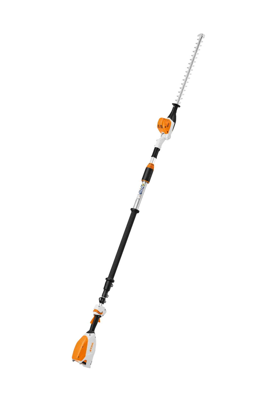 STIHL HLA 86 Akku-Hochentaster: Verlängerter Heckenschneider für hohe Hecken, mit Akku und Schneidwerkzeug in Weiß und Orange.