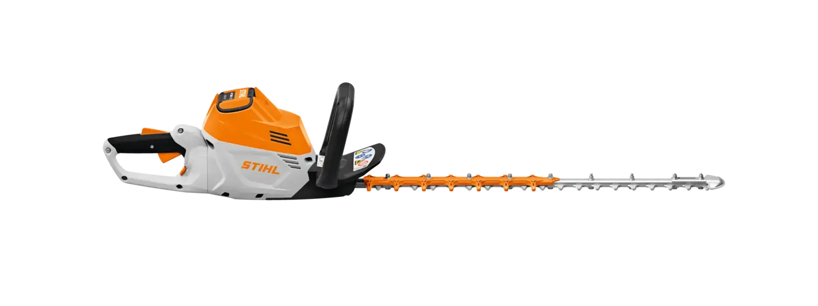STIHL HSA 100 Akku-Heckenschere in Orange und Weiß, Seitenansicht auf schwarzem Hintergrund, für barrierefreie Nutzung.