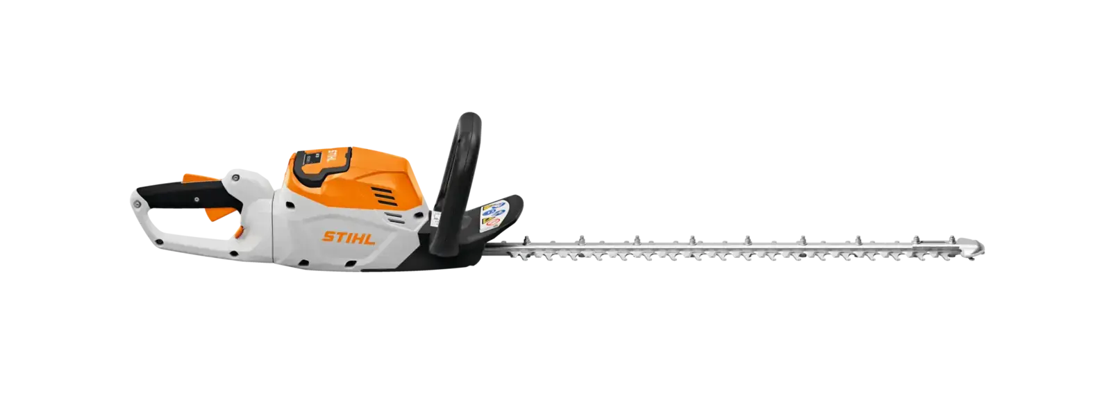 STIHL HSA 60 Akku-Heckenschere, seitliche Ansicht. Weißer und orangefarbener Korpus, schwarzer Griff, lange silberne Schneideklingen.
