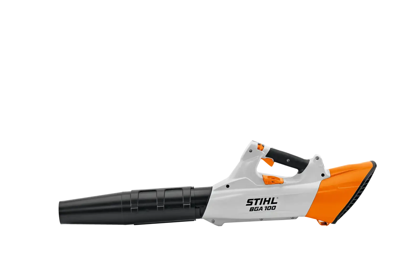 STIHL BGA 100 Akku-Laubbläser in Weiß und Orange, Seitenansicht. Ein kabelloses Gartengerät für die Laubentfernung.