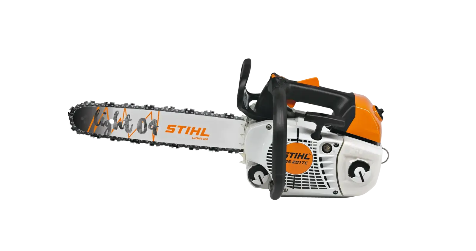 STIHL MS 201TC-M Motorsäge, Seitenansicht. Weißes Gehäuse mit orangefarbenen Akzenten und schwarzem Griff. Professionelles Werkzeug.