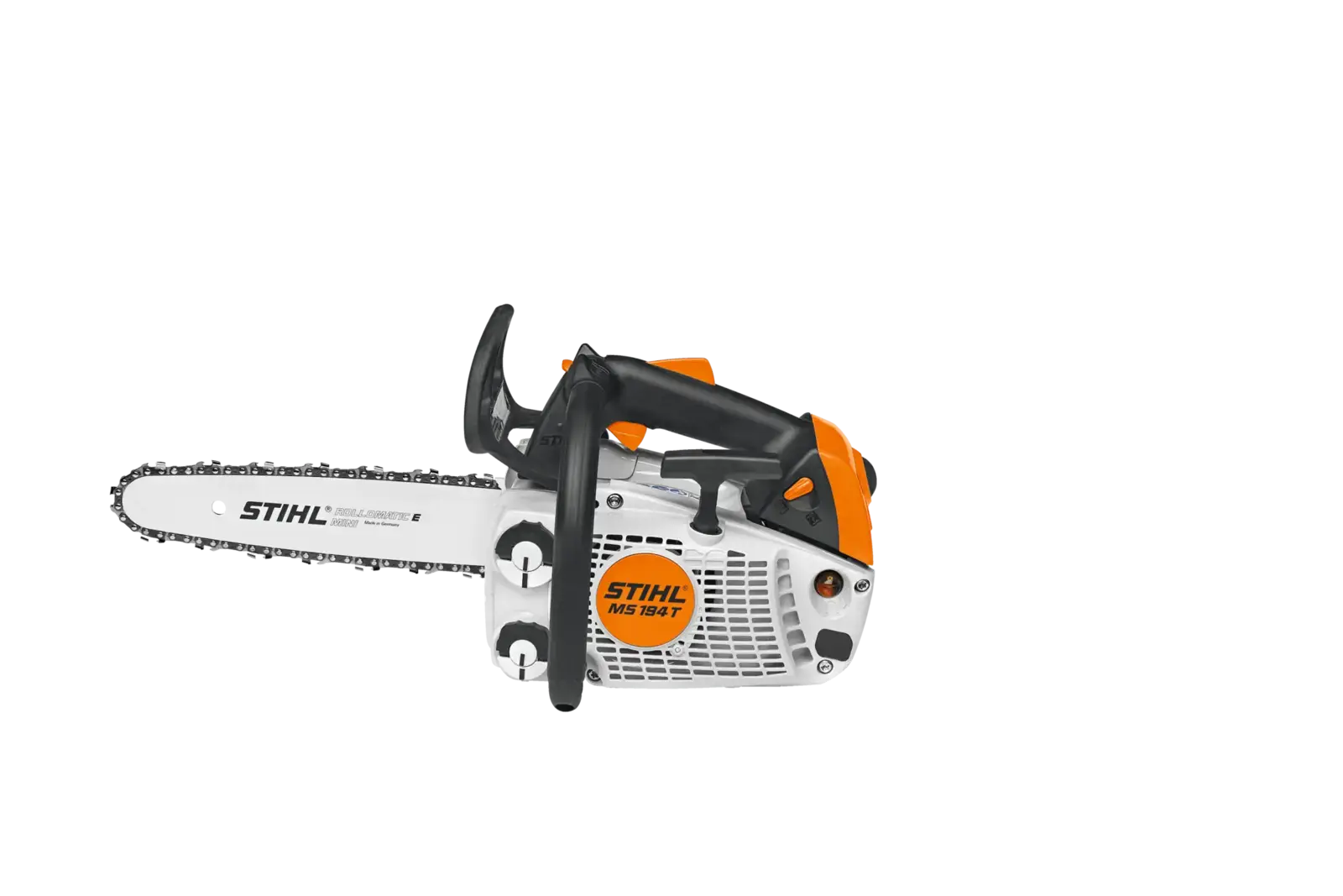 STIHL MS 194 T Top-Handle-Motorsäge in Weiß, Orange und Schwarz. Motorsäge mit kurzem Schwert für Baumpflege und Profis.