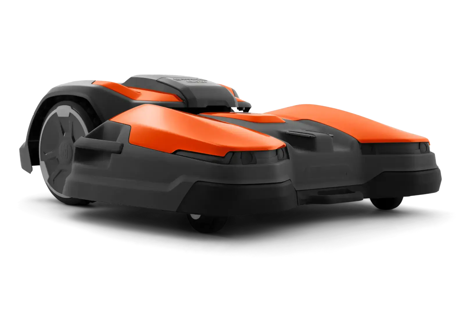 Husqvarna CEORA 544 EPOS Mähroboter in Orange und Schwarz, Seitenansicht auf schwarzem Hintergrund. Professionelle Rasenpflege.
