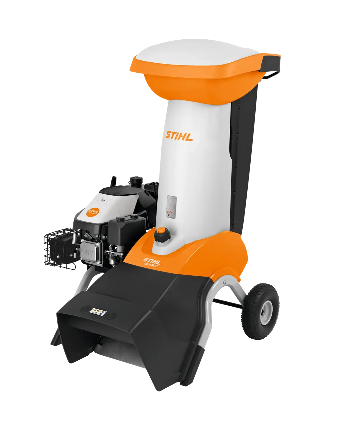 STIHL GH 460 C Gartenhäcksler mit Benzinmotor, in Orange, Weiß und Schwarz, für die Zerkleinerung von Gartenabfällen.