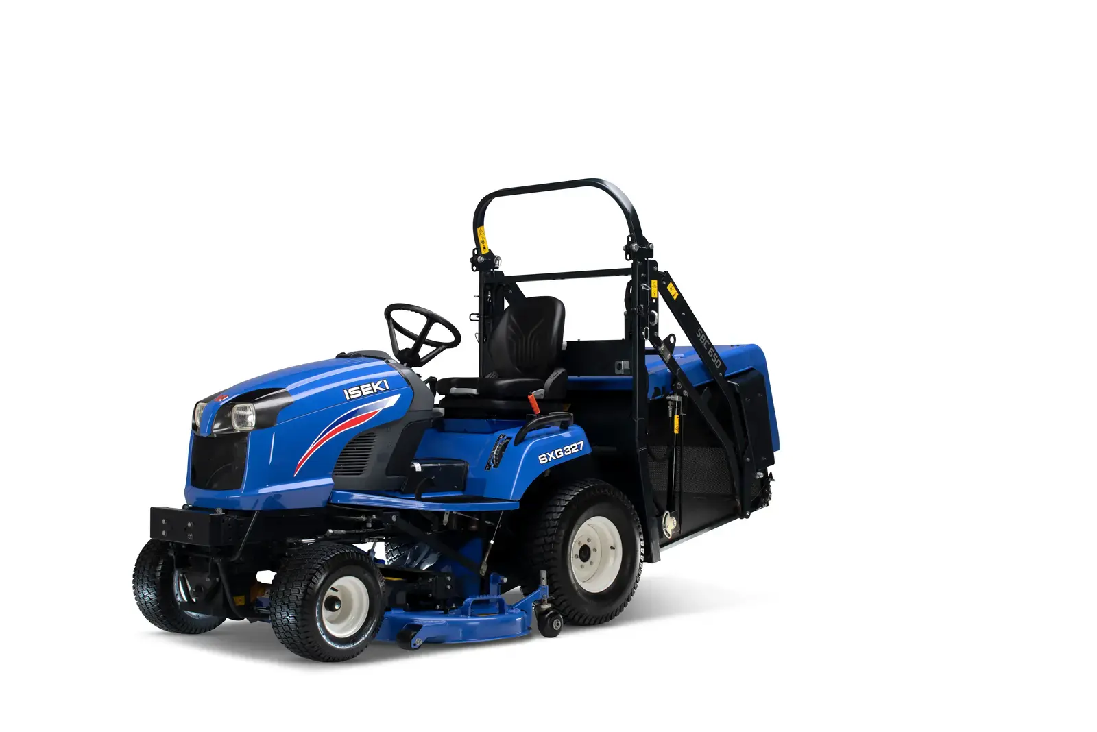 Blauer Iseki SXG324 Dieselgeräte Rasentraktor mit Grasfangkorb, seitliche Ansicht. Leistungsstark und zuverlässig.