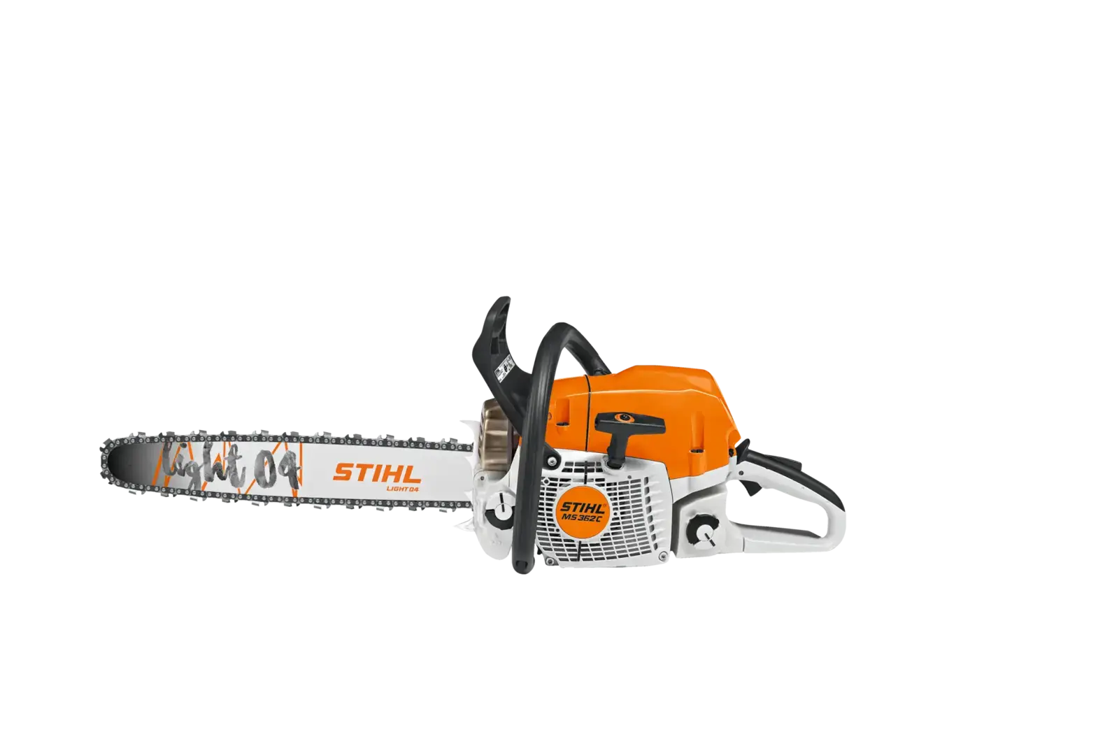 STIHL MS 362 C-M Motorsäge, orange-weiß, seitliche Ansicht auf schwarzem Hintergrund. Professionelle Kettensäge für den Forsteinsatz.