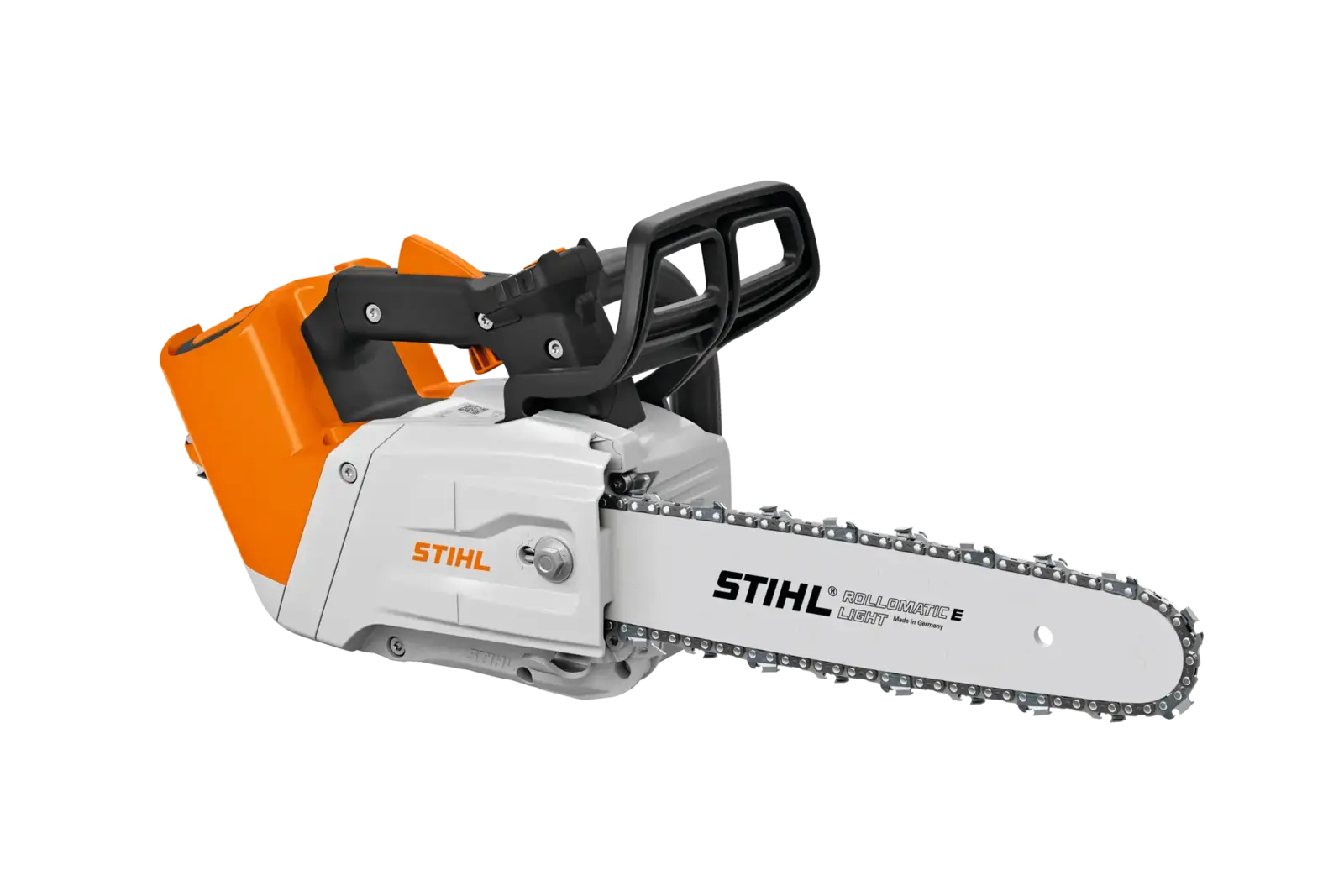 STIHL MSA 220 TC-O Akku-Kettensäge, Top-Handle Bauweise, weiße und orangefarbene Elemente, Rollomatic E Light Schwert, seitliche Ansicht