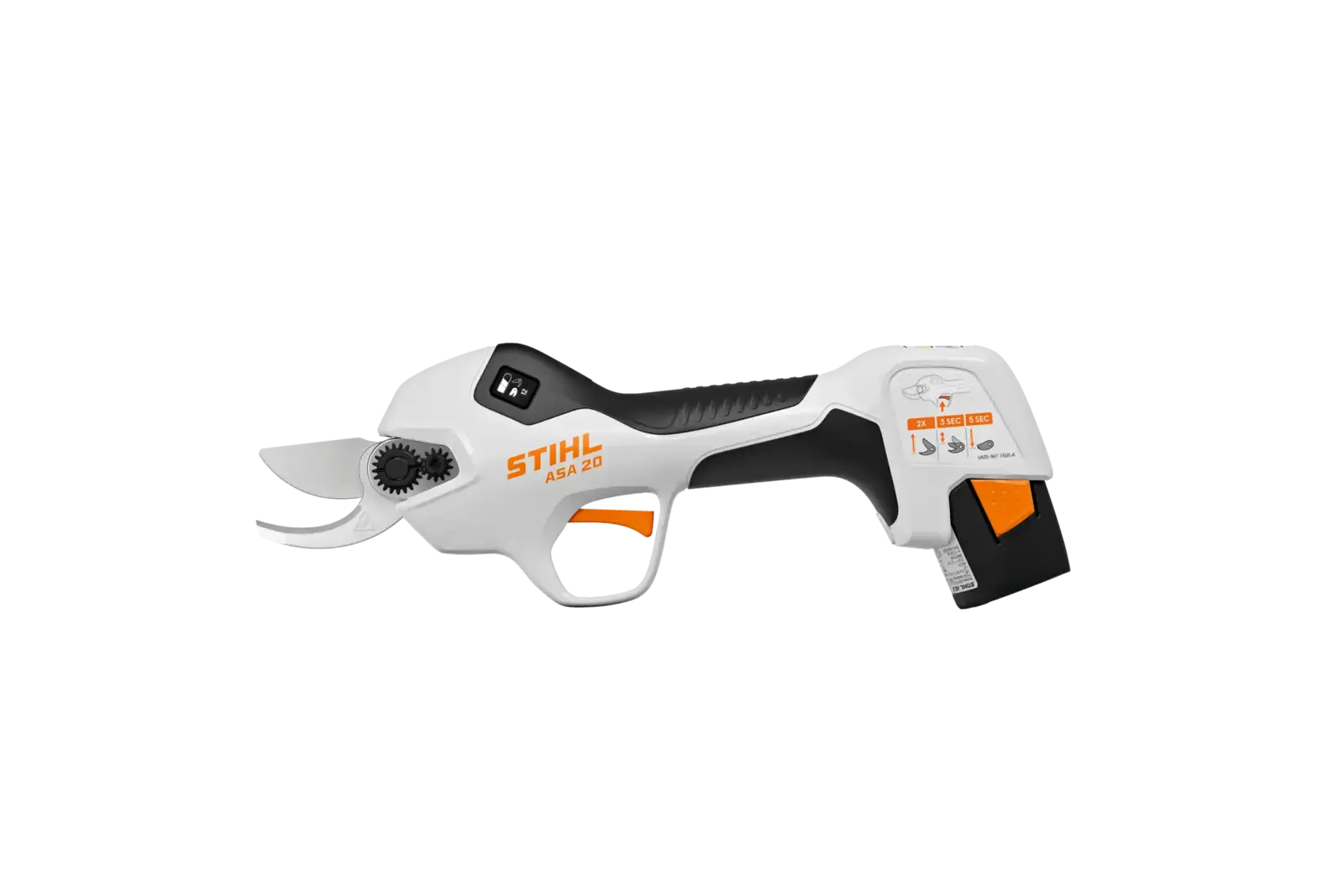 STIHL ASA 20 Akku-Gartenschere in Weiß und Orange, seitliche Ansicht, mit sichtbaren Scherenblättern und Bedienungselementen.