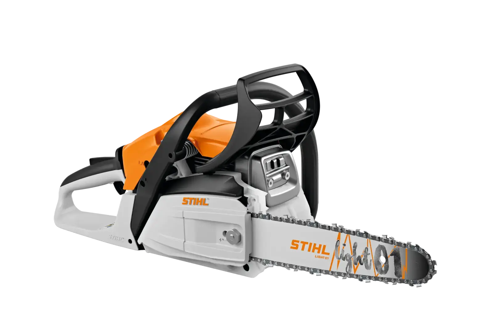 STIHL MS 172 Motorsäge, weiße Karosserie mit orangefarbenem Griff und schwarzem Bügel, seitliche Ansicht auf schwarzem Hintergrund