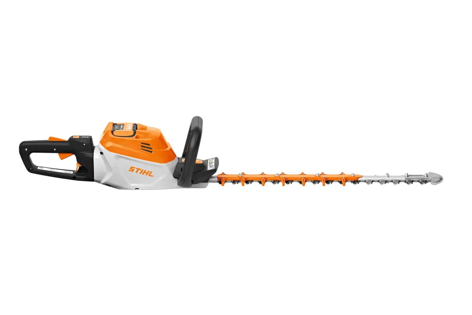 Stihl HSA140R Akkugeräte Heckenschere: Kabellose Heckenschere in Orange und Weiß, Nahaufnahme der Schneideblätter.