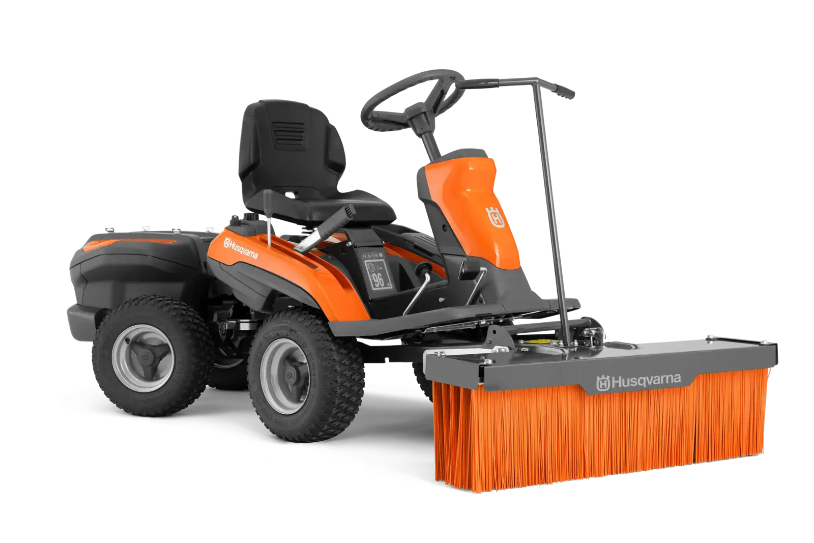 Husqvarna R 200iX AWD Longrange Aufsitzmäher mit Kehrmaschine, orange und schwarz, für die Gartenpflege, Allradantrieb.