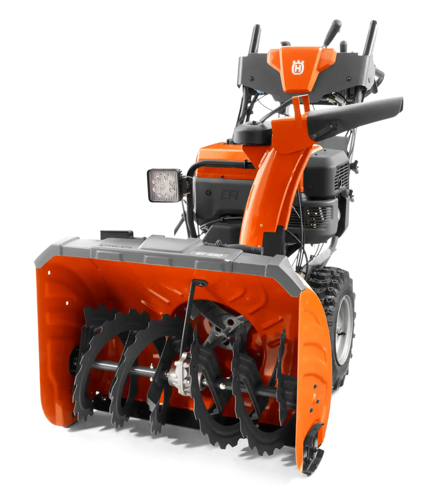 Husqvarna ST430 Schneefräse: Leistungsstarkes Benzingerät zur Schneeräumung. Detailaufnahme der Fräse in Orange und Grau.