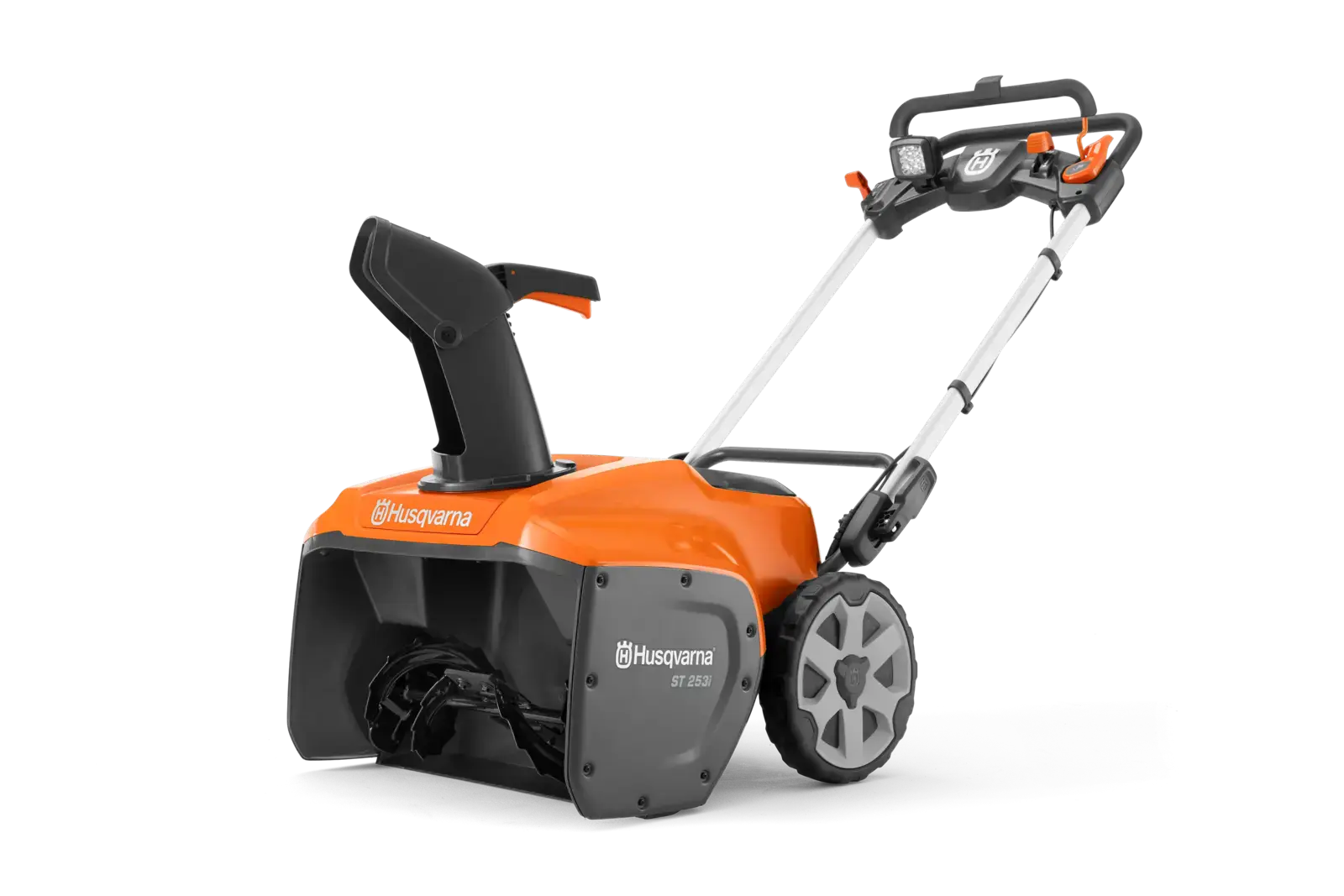 Husqvarna ST253I Schneefräse Akkugeräte: Leistungsstarke Akku-Schneefräse in Orange und Grau mit LED-Beleuchtung und Rädern.