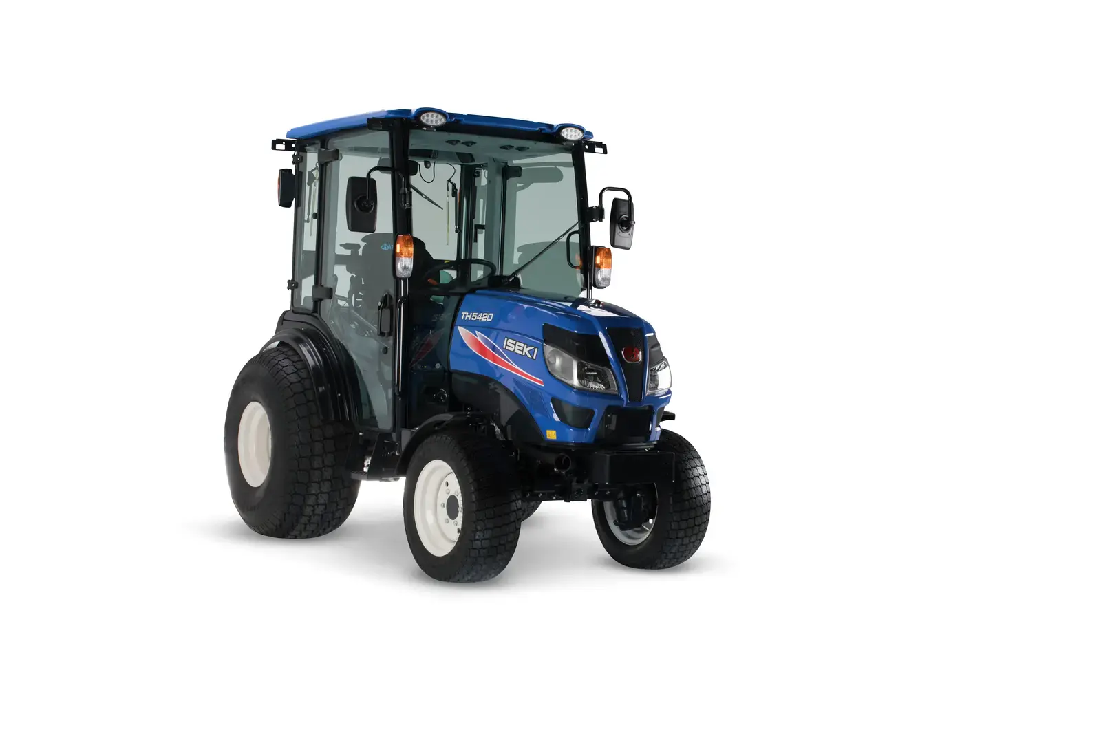 Blauer ISEKI TH5370AHLK ECO Dieselgeräte Traktor in Frontansicht. Leistungsstarkes Modell für Landwirtschaft und Garten.