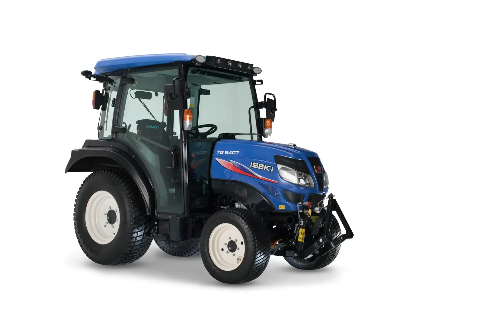 Blauer ISEKI TG6407AGLK Traktor mit Kabine, ein robustes Dieselgeräte für den professionellen Einsatz.