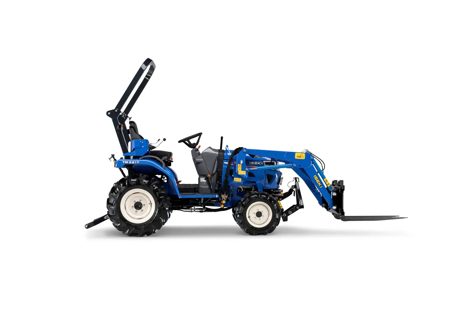 Blauer ISEKI TM3217AL Traktor Dieselgeräte mit Frontlader, Seitenansicht. Perfekt für Garten und Landwirtschaft.