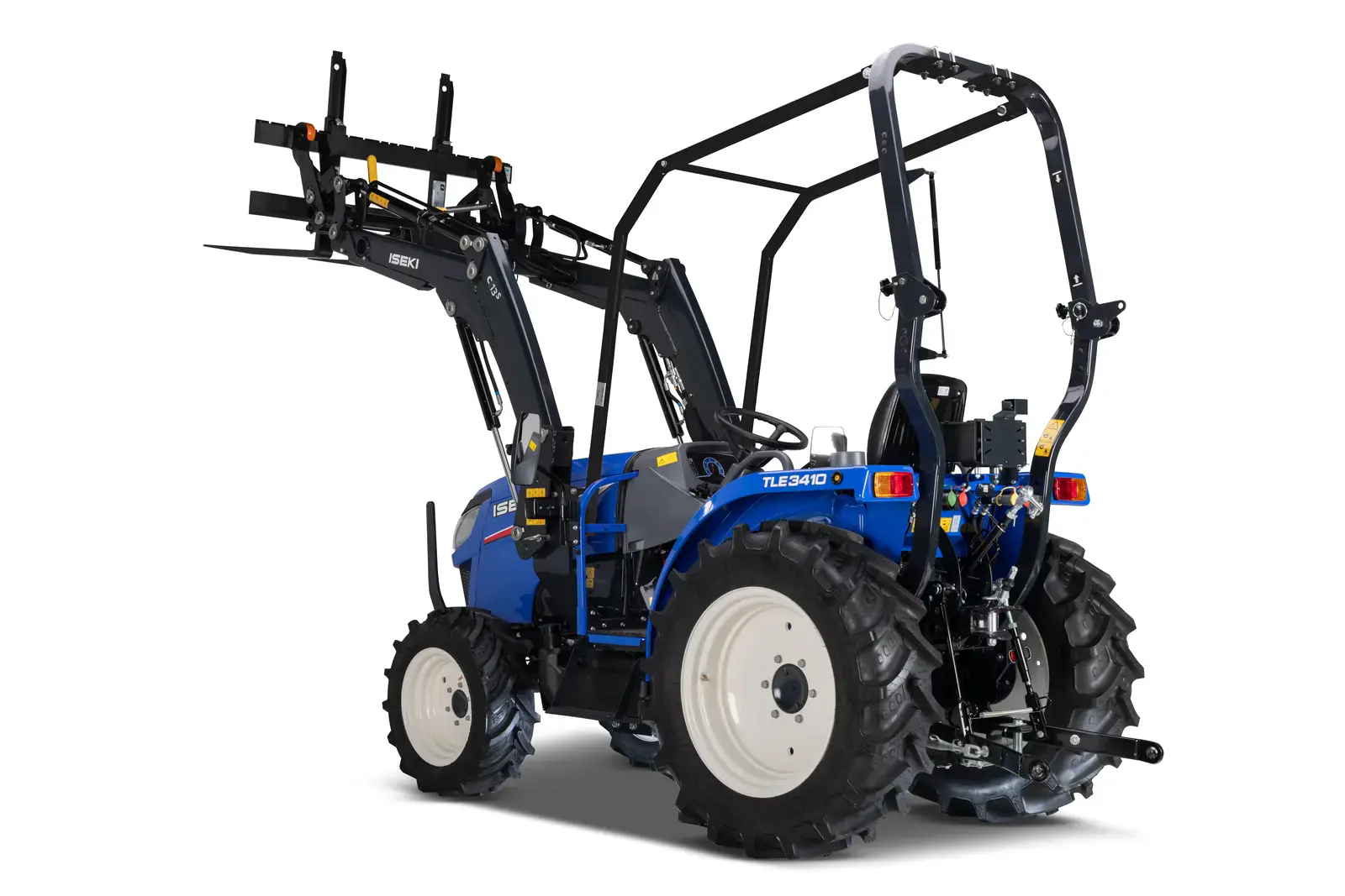 Blauer ISEKI TLE3410AL Traktor Dieselgeräte mit Frontlader, Ansicht von hinten. Leistungsstark und zuverlässig.
