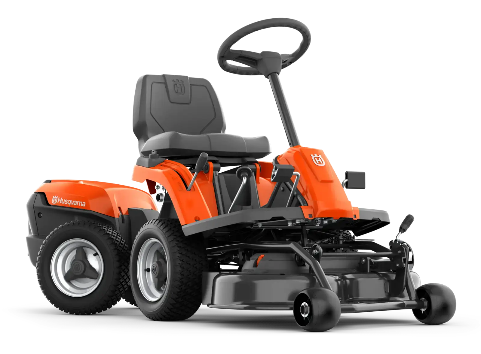 Husqvarna R 112IC Rasenmäher, orangefarben, mit Lenkrad und Sitz, für Gartenarbeit und Rasenpflege.