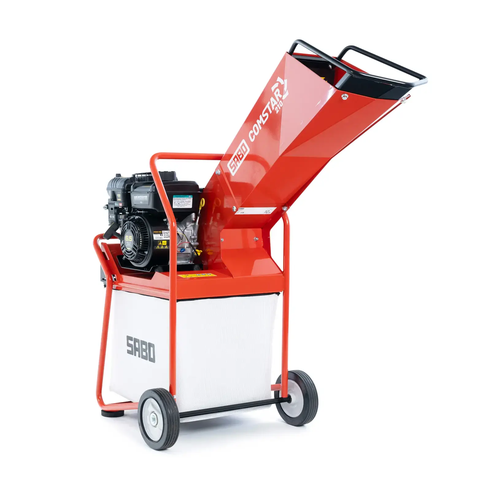 Roter Sabo COMSTAR 210 Benzingeräte, ein Häcksler zum Zerkleinern von Gartenabfällen.