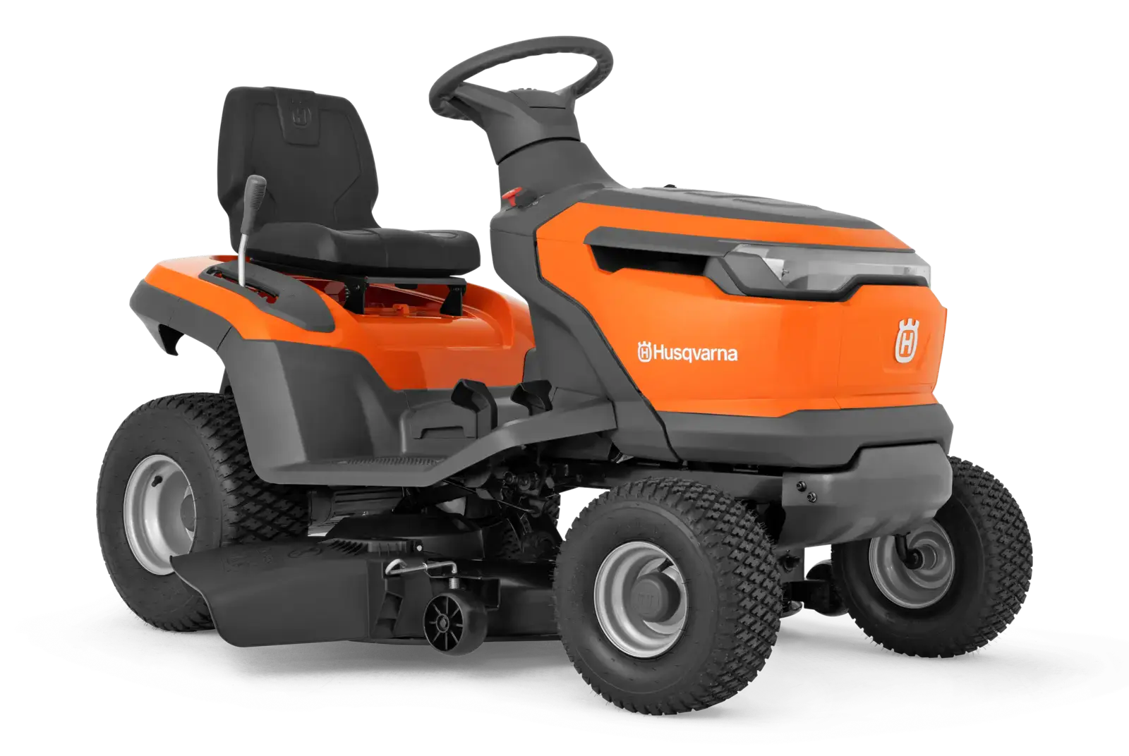 Husqvarna TS100I Rasentraktor, orange und grau, mit Fahrersitz und Lenkrad, steht auf Rasen für die Gartenarbeit. Gesehen in der Seitenansicht.