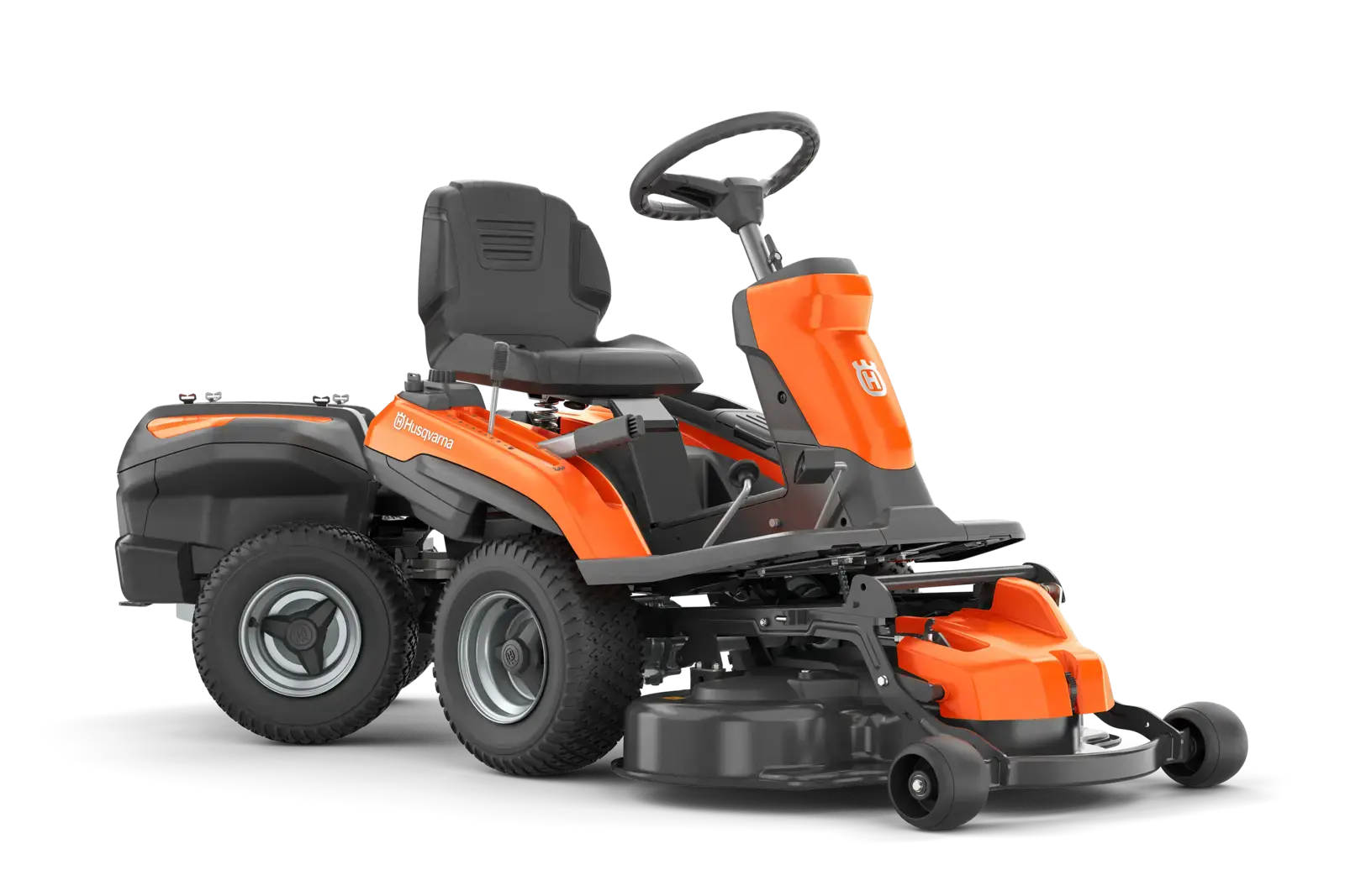 Husqvarna R200IX AWD Aufsitzmäher in Orange und Schwarz, Seitenansicht, für barrierefreie Navigation und Produktinformationen.
