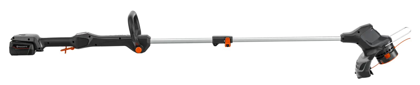 Husqvarna ASPIRE T28 Akku-Rasentrimmer, seitliche Ansicht. Kabellos, mit Akku, Trimmkopf und verstellbarem Griff für komfortables Arbeiten.