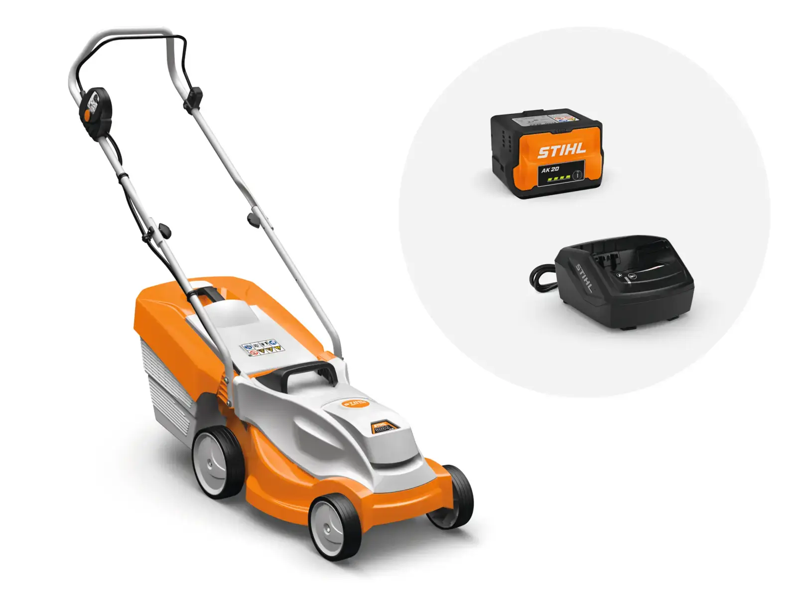 Stihl RMA235 Akku-Rasenmäher mit Akku (AK 20) und Ladegerät in Orange und Weiß. Ideal für die kabellose Gartenpflege. Leise und umweltfreundlich.