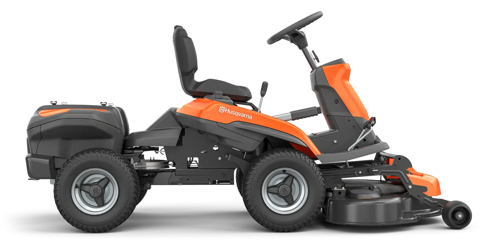 Husqvarna R200IX Elektrogeräte: Aufsitzmäher in Orange und Grau, Seitenansicht.