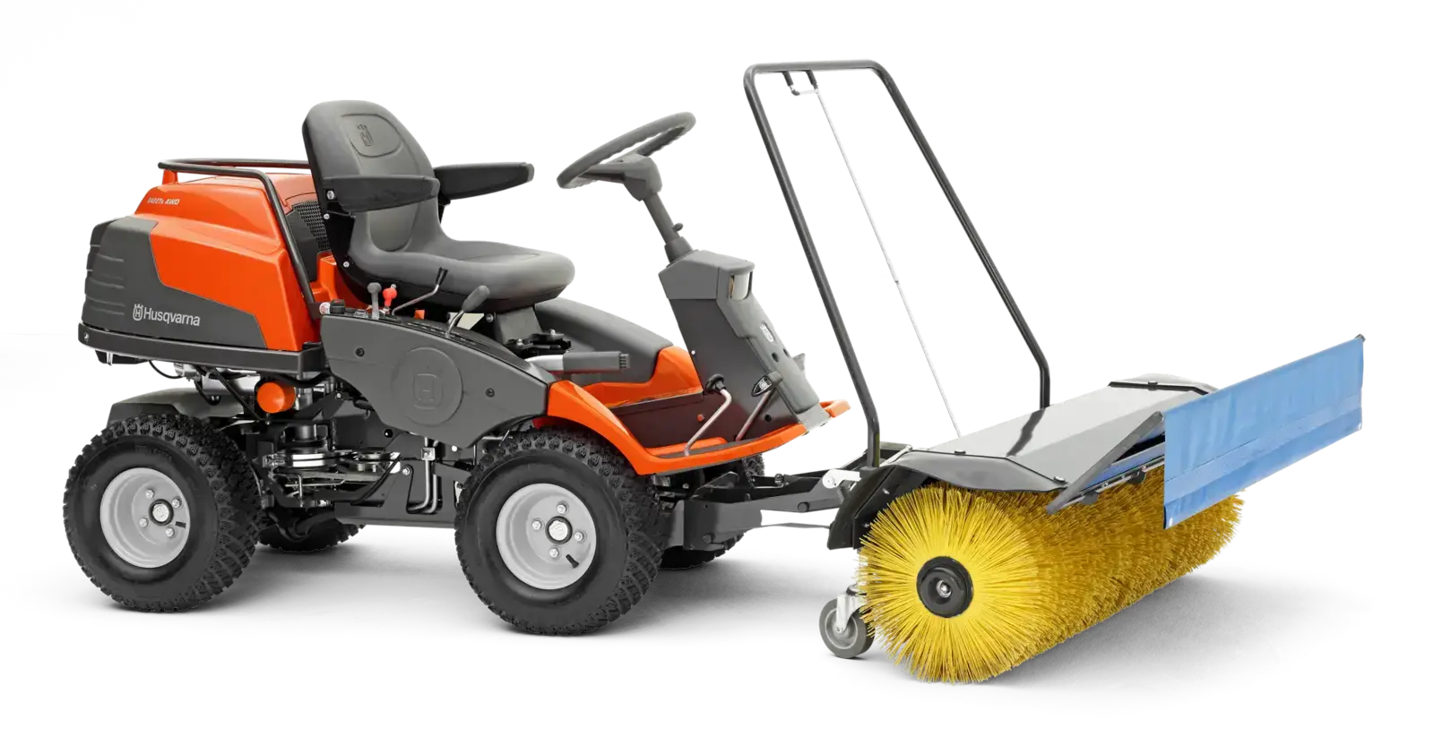 Husqvarna R418TSX AWD Benzingeräte Rider mit Kehrbesen für effiziente Reinigung und Winterdienst.