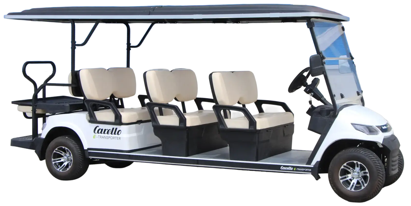 Weißer Carello TR8 Elektrogeräte, ideal für den Personentransport in Parks und auf Betriebsgeländen.